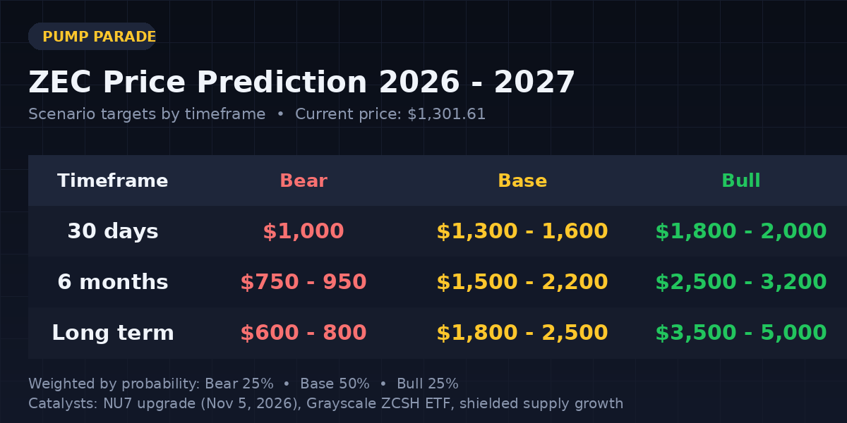 Zcash (ZEC) price prediction 2027 targets table, bear $650, base $2,500, bull $5,000